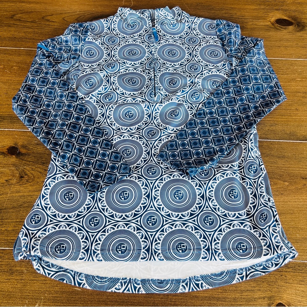 Gretchen Scott Blue Patterned Long Sleeve 1/2 zip Top-xxs